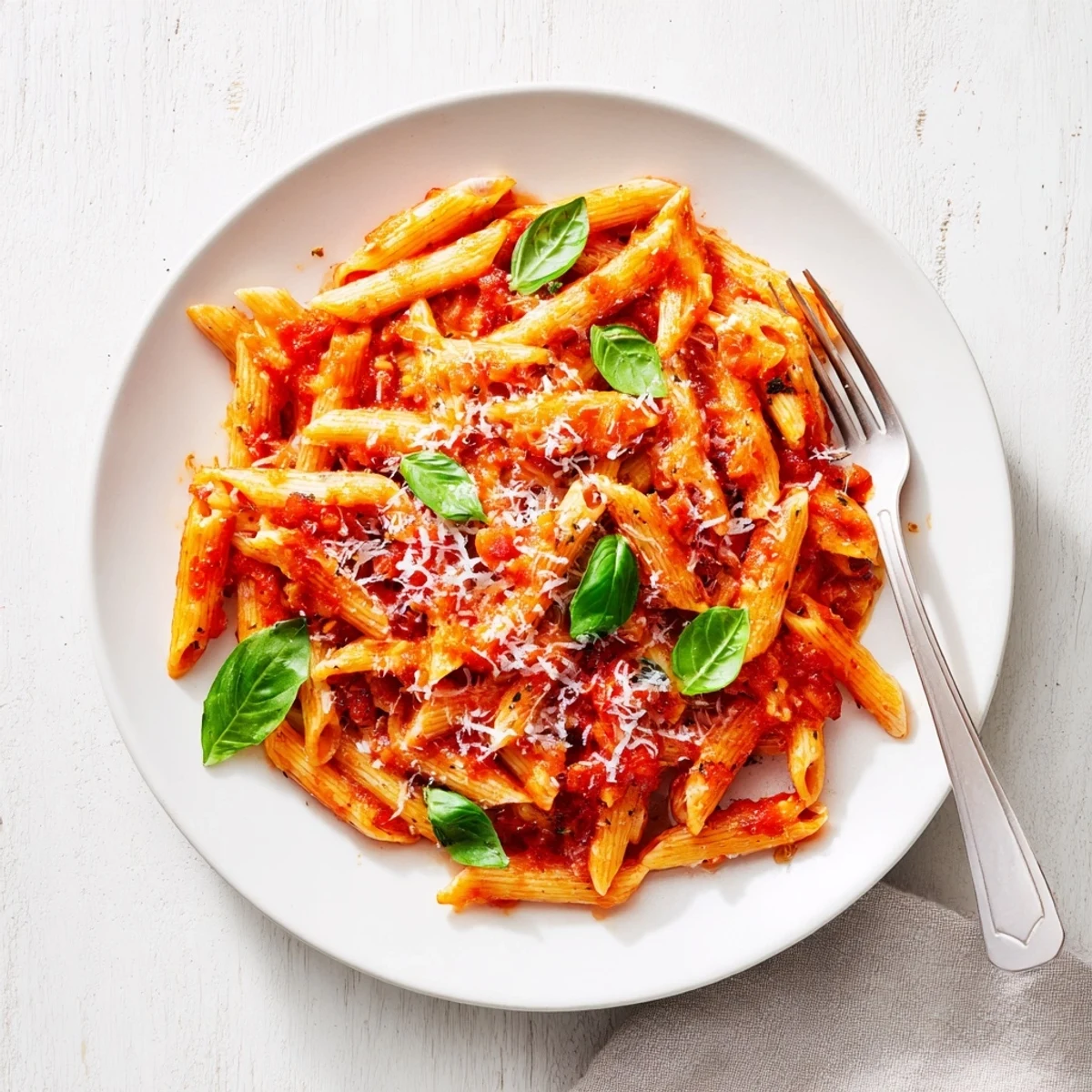 Steaming bowl of classic Italian pasta noodles coated in rich red tomato and herb sauce