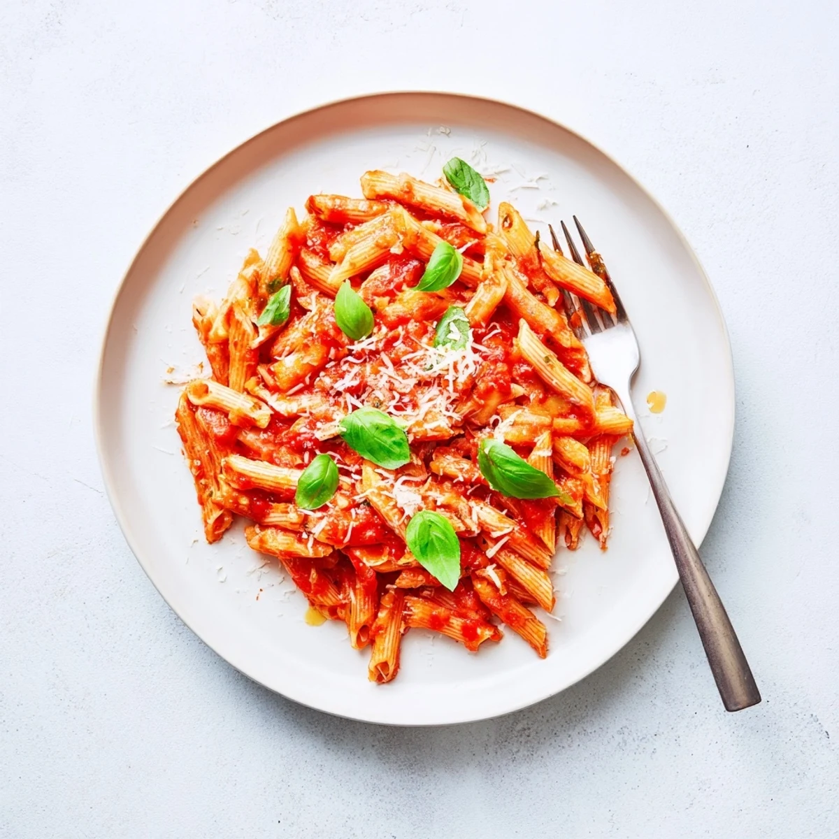 Golden pasta tossed in vibrant tomato basil sauce with fresh Parmesan sprinkled on top