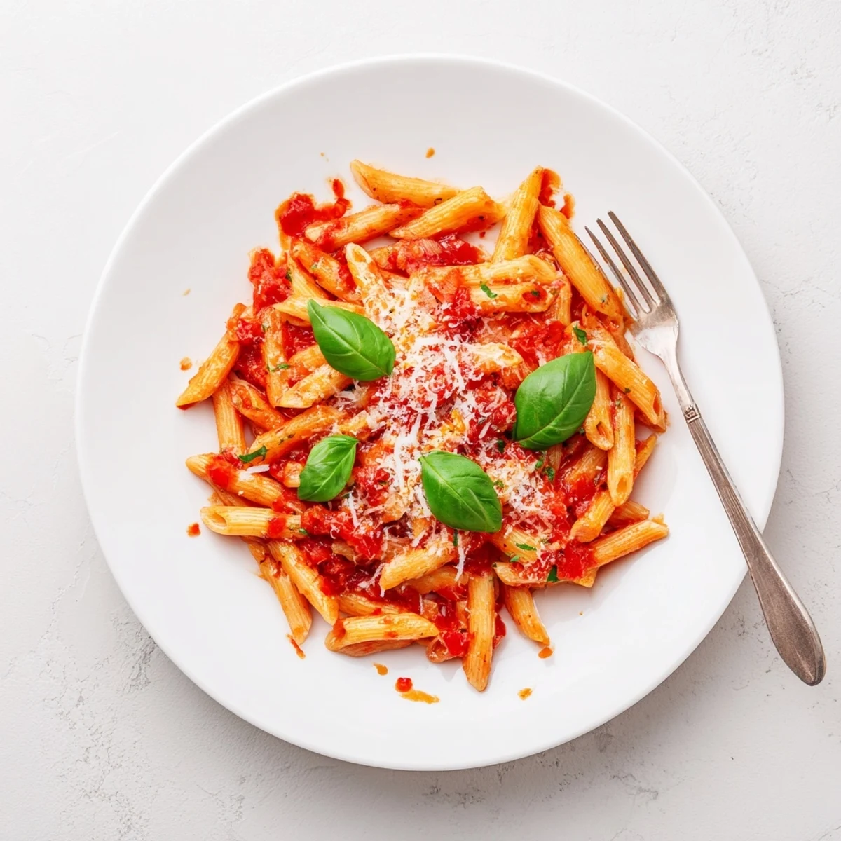 Al dente pasta dish featuring aromatic basil leaves and grated cheese over savory tomato sauce