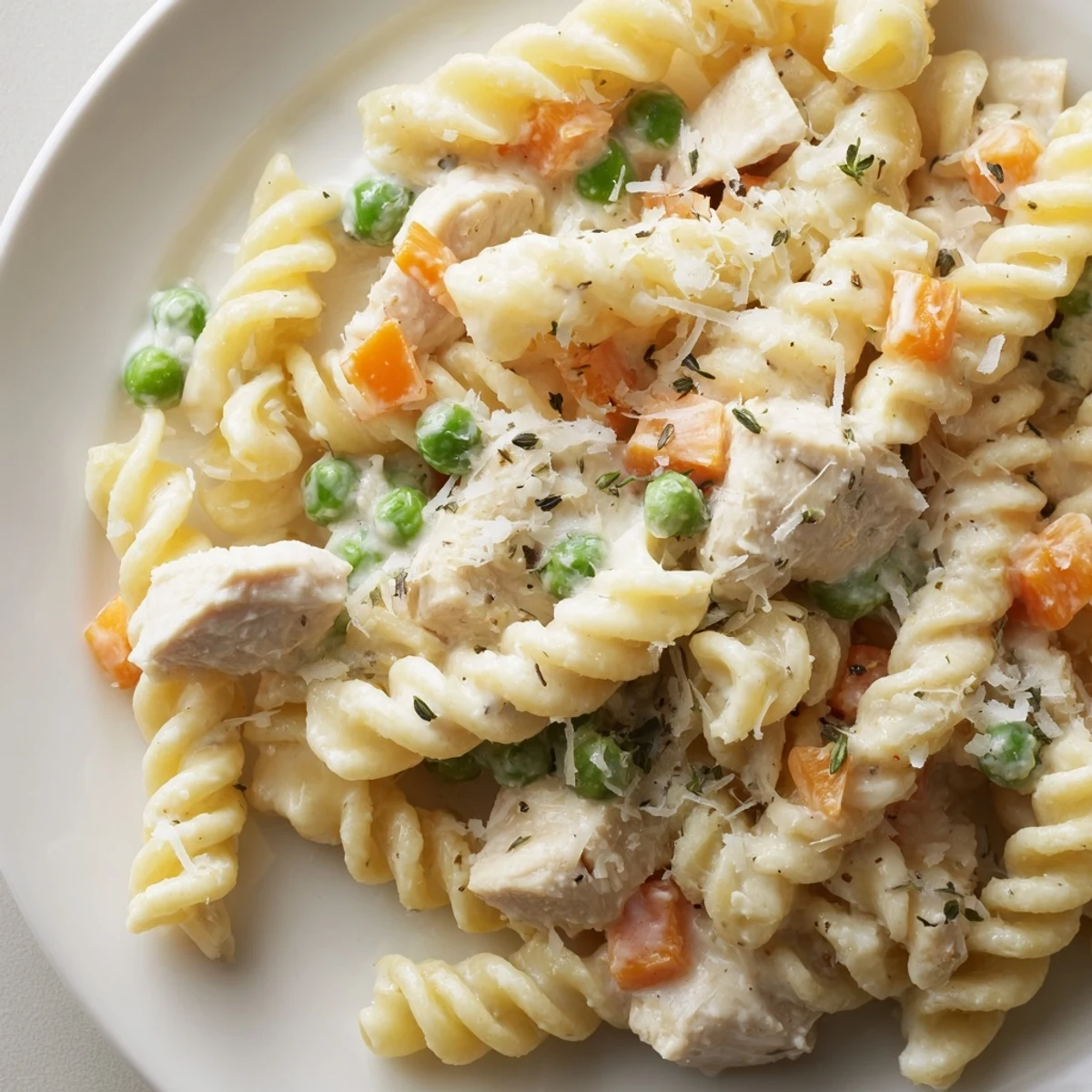 Creamy chicken pot pie pasta with tender chicken and vegetables in white sauce