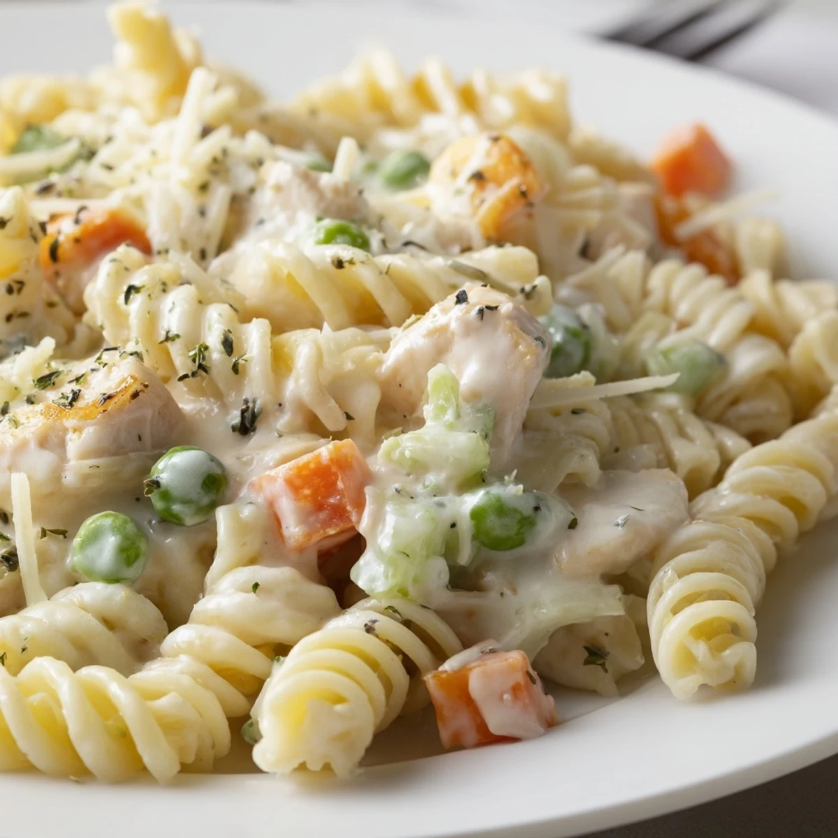 Hearty chicken pot pie pasta bowl featuring rotini, chicken, and vegetables in luscious sauce