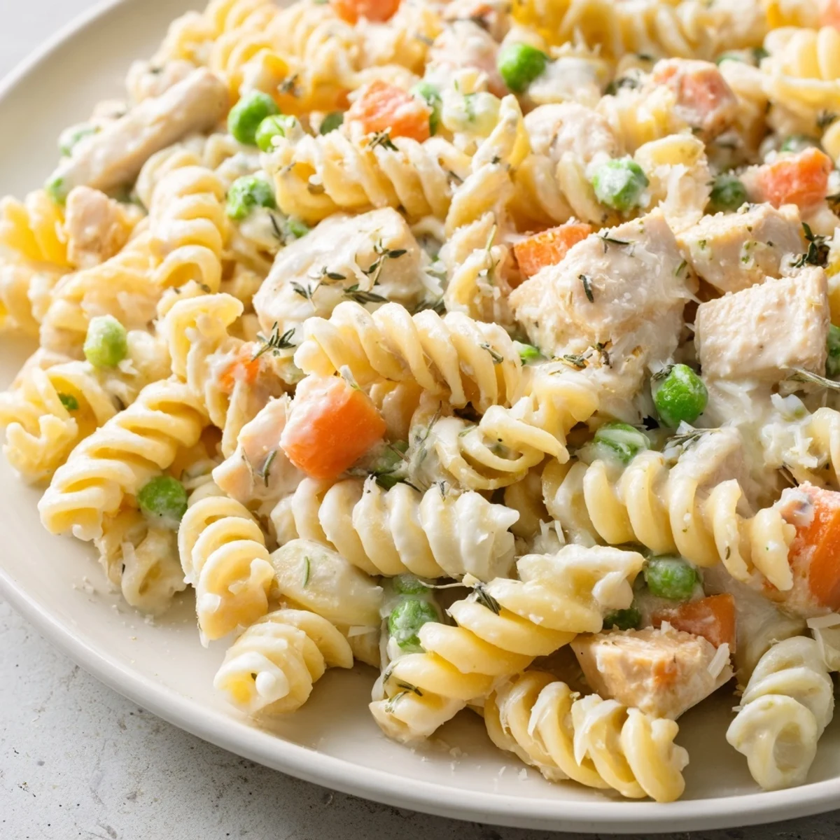 Golden chicken pot pie pasta tossed with peas, carrots, and rich parmesan cream sauce