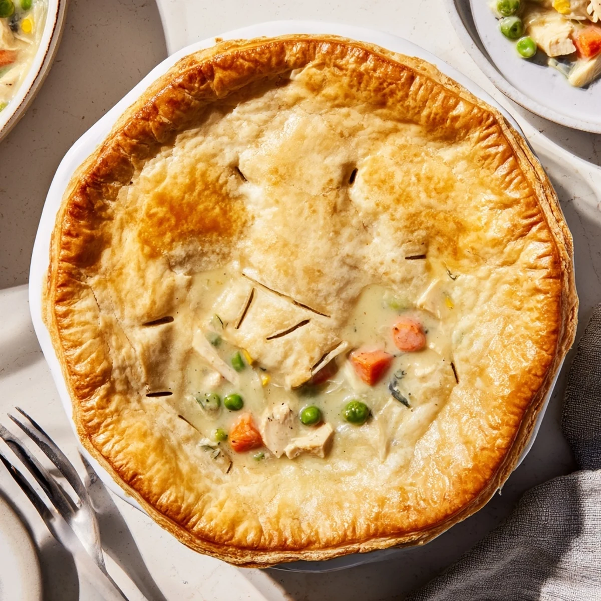 Golden homemade chicken pot pie with flaky pastry crust and bubbling savory vegetable filling
