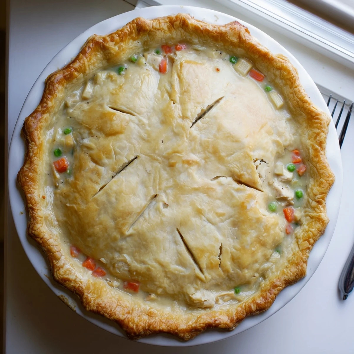 Bubbling pot pie fresh from oven showcasing golden brown crust and tender chicken vegetable filling