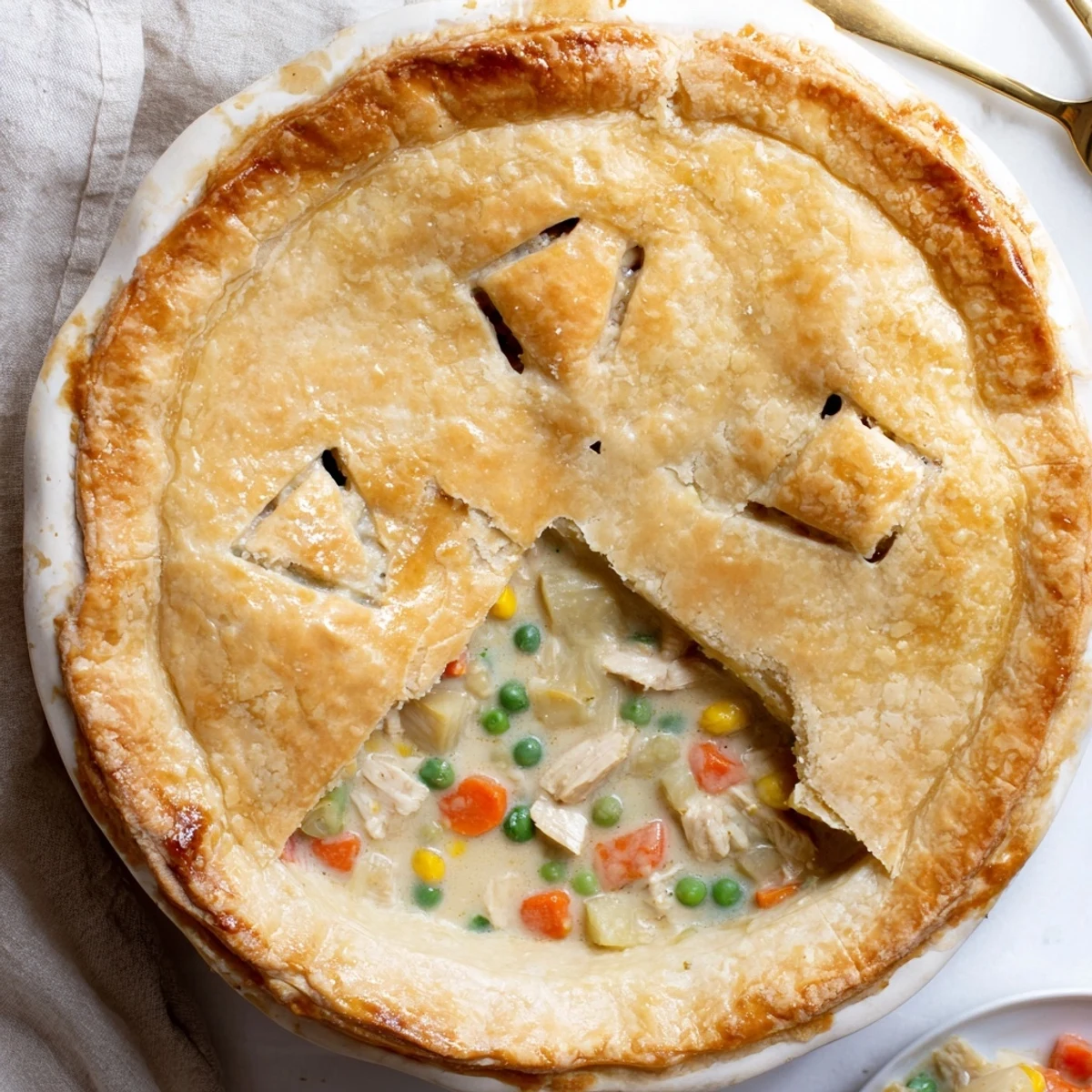 Savory chicken pot pie sliced open revealing creamy filling of peas carrots and flaky pastry