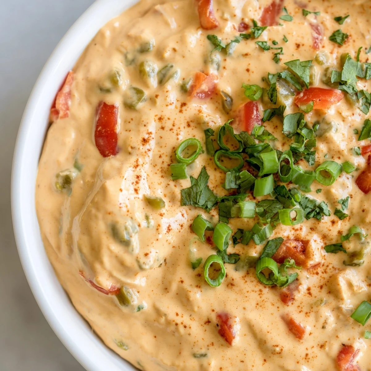 Creamy dairy free Rotel nacho dip with tomatoes and green chilies bubbling in serving bowl