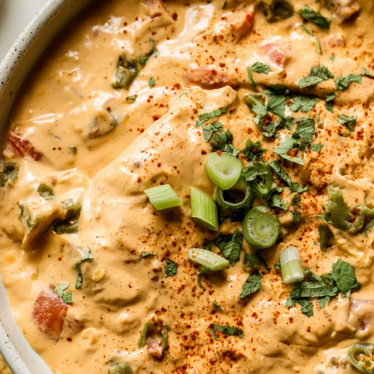 Vegan cashew based Rotel nacho dip garnished with fresh cilantro and served warm with tortilla chips
