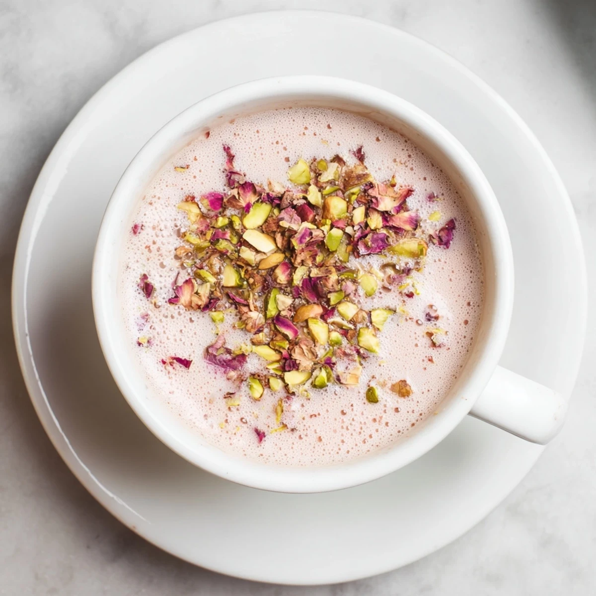Creamy Kashmiri Pink Chai with floating pistachios and rose petals in white teacups