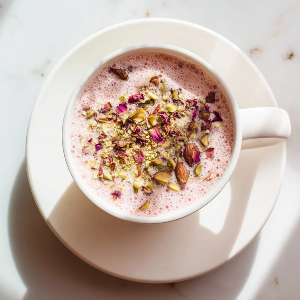 Frothy burgundy Noon Chai being poured into cups garnished with chopped nuts