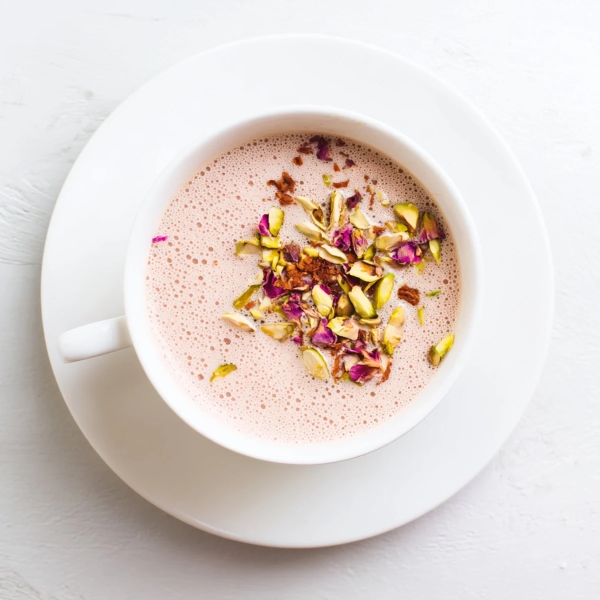 Steaming pink chai with aromatic spices, milk, and almond topping on wooden surface