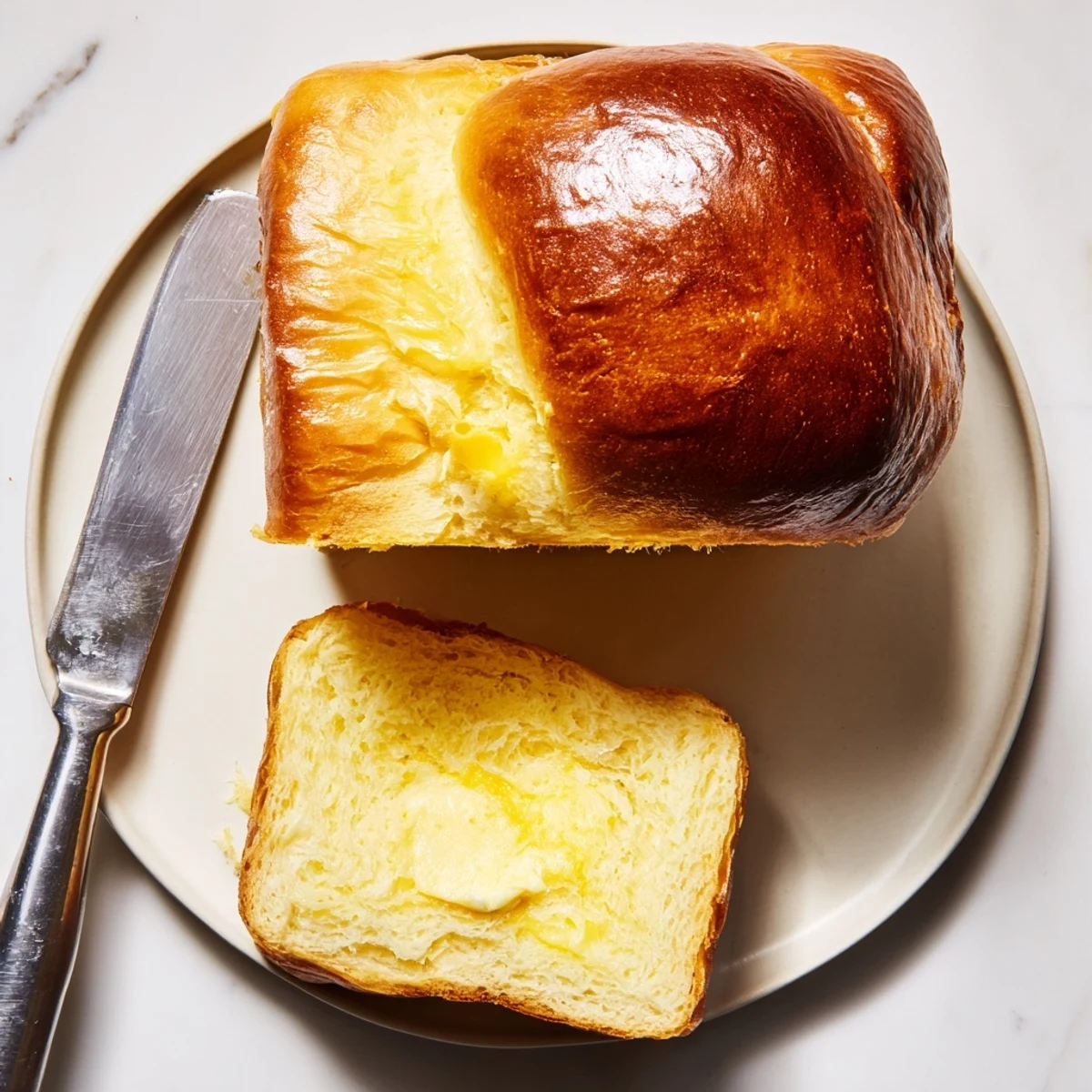 Golden brown Milk Brioche Soft Bread loaf with glossy egg-washed top and pillowy interior