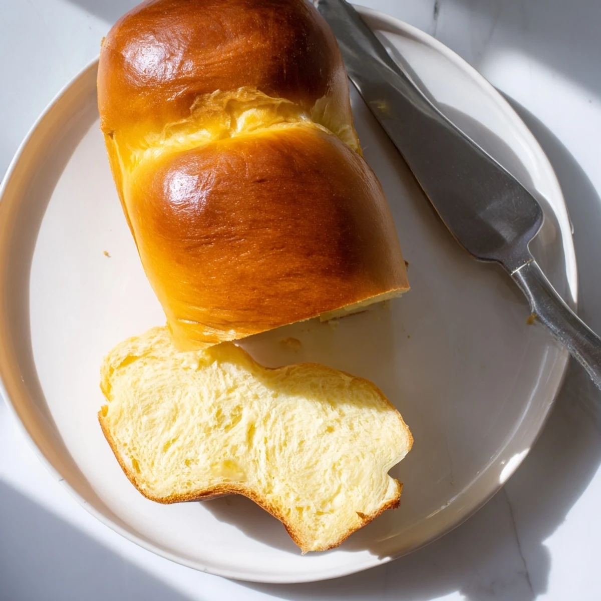 Freshly baked Milk Brioche Soft Bread sliced to reveal fluffy, buttery white crumb texture