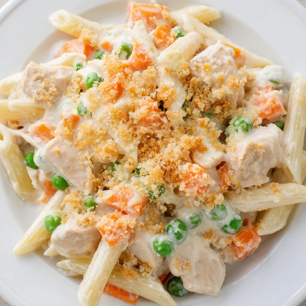 Creamy pot pie pasta with tender chicken, peas, and carrots in a rich sauce topped with golden buttery crumbs