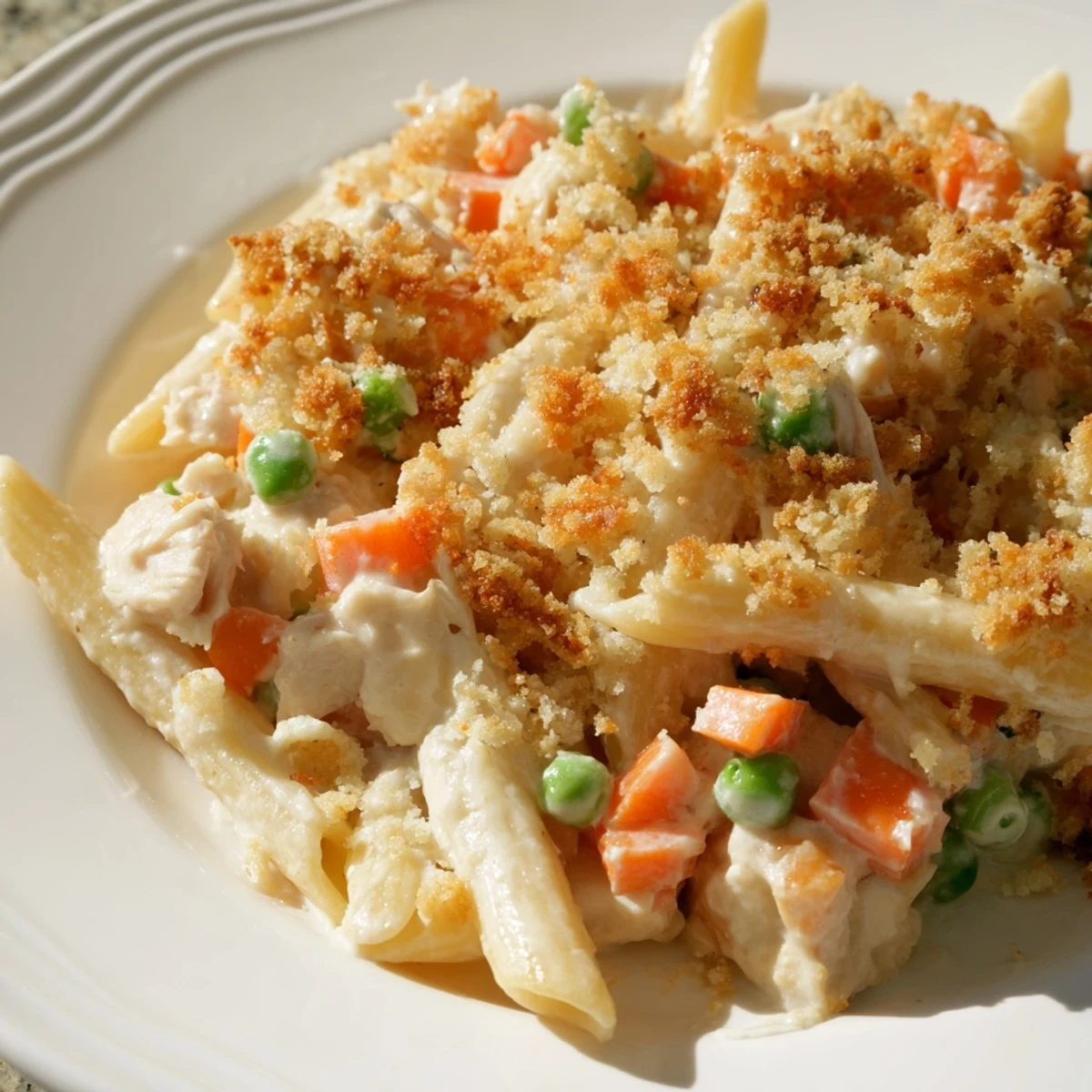 Hearty pot pie pasta bowl featuring rotini noodles tossed with cubed chicken and colorful vegetables in a luscious white cream sauce