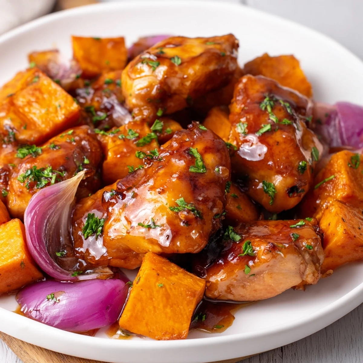 Tender glazed chicken alongside roasted sweet potatoes on a parchment-lined baking sheet