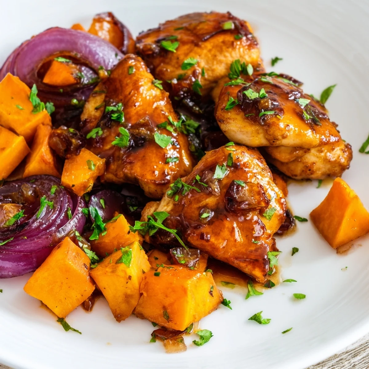 Golden honey garlic chicken breasts roasted with caramelized sweet potato cubes and red onion