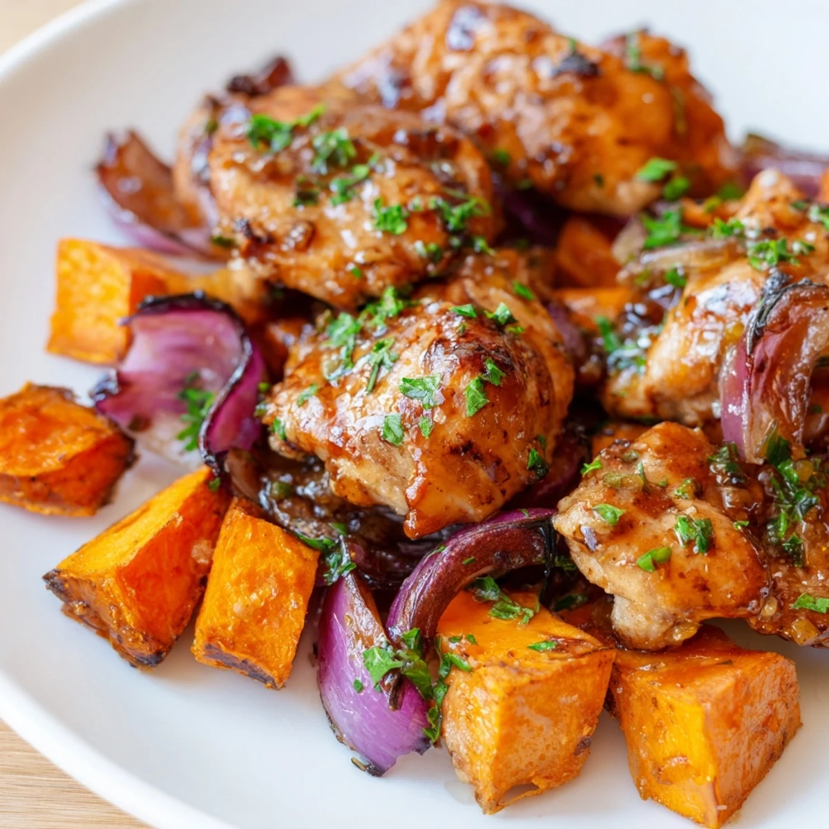 One-pan honey garlic chicken and sweet potato dish garnished with fresh chopped parsley