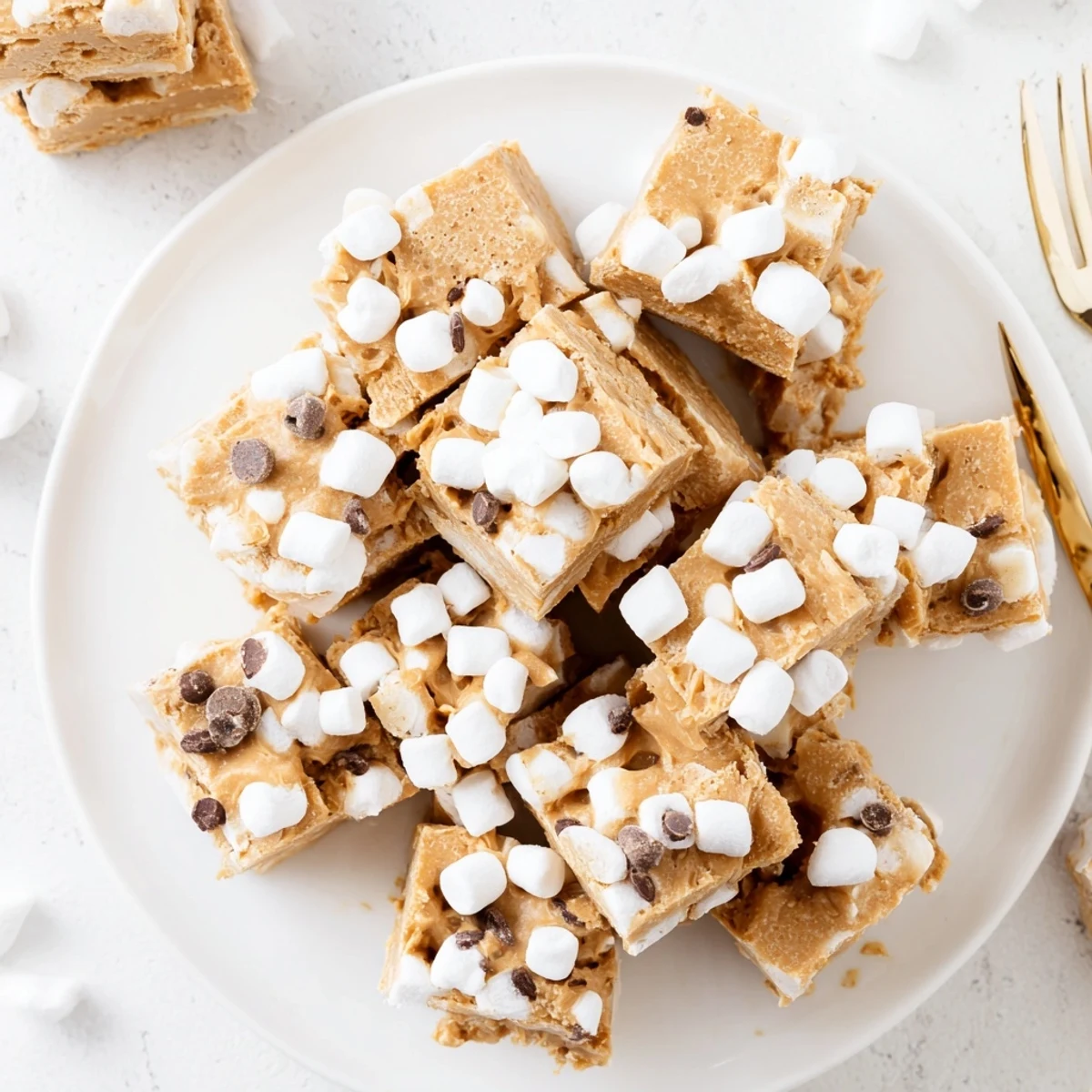 Golden squares of gluten free peanut butter marshmallow treats topped with melted chocolate chips on a white plate