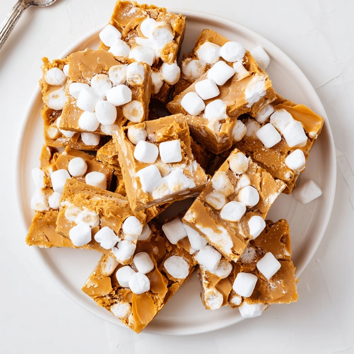 Chewy gluten free peanut butter marshmallow bars showing fluffy white marshmallows suspended in rich peanut butter mixture