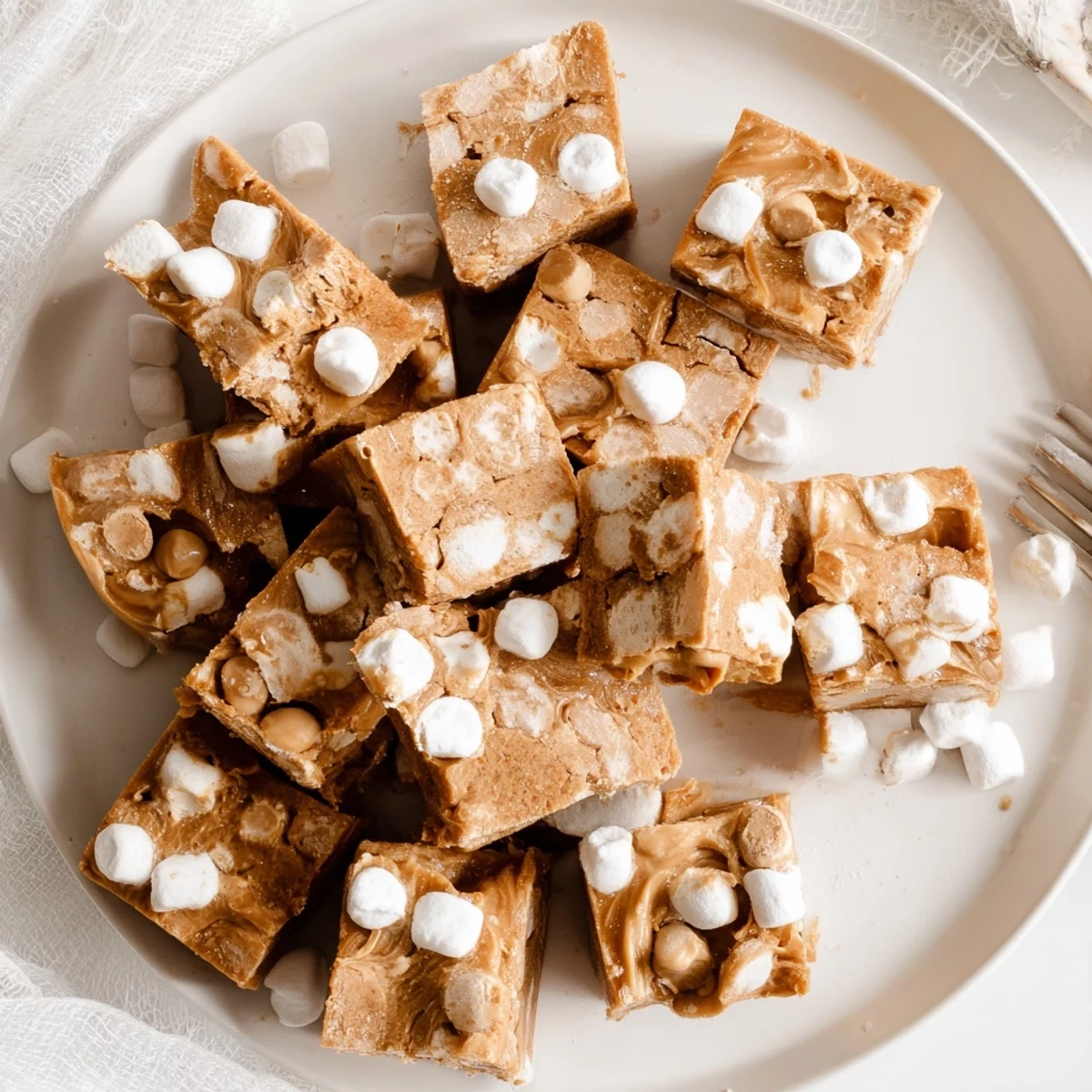 Individually cut gluten free peanut butter marshmallow squares arranged on a serving platter with gooey texture visible