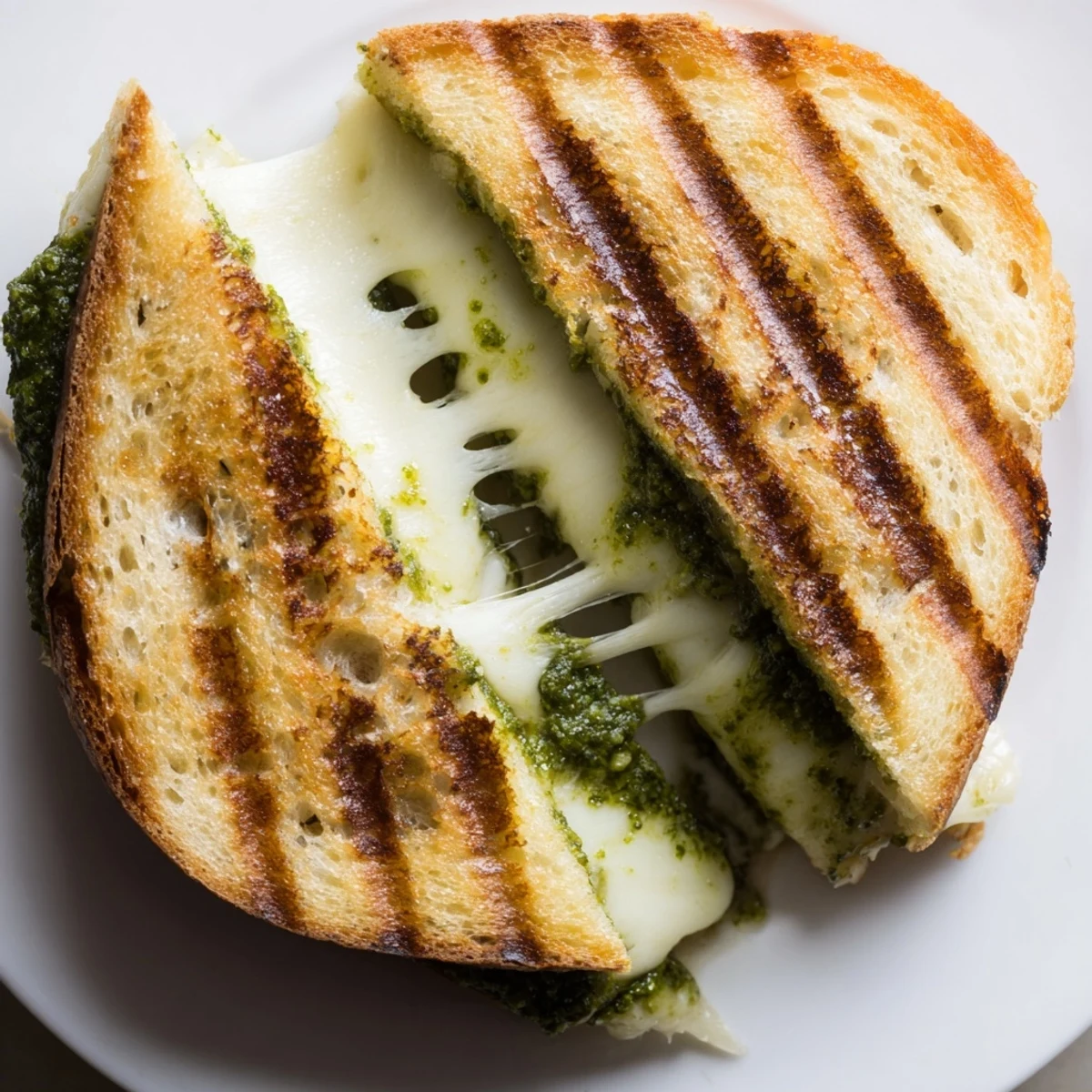 Golden sourdough pesto grilled cheese sandwich with melted cheese oozing from crispy buttered edges