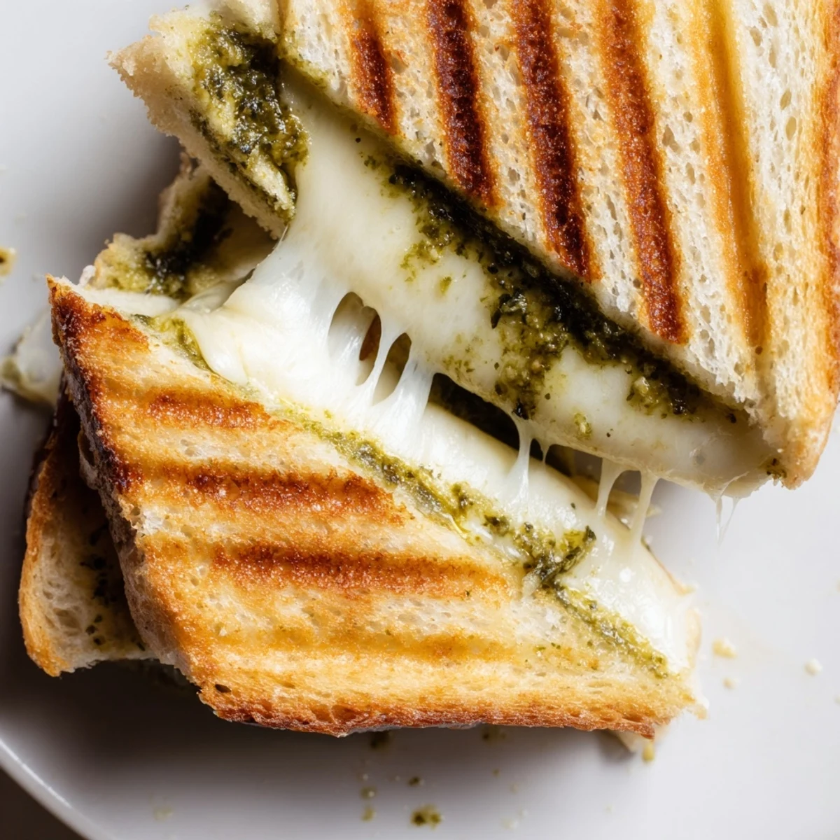 Sliced gourmet pesto grilled cheese on sourdough bread displaying golden brown crust and melty interior