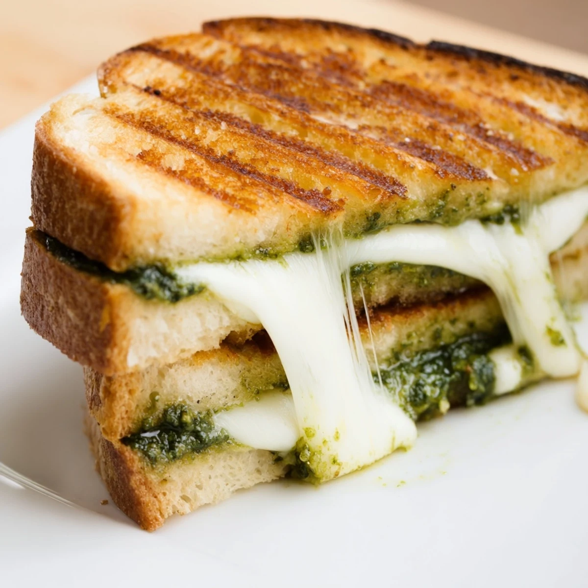 Sourdough pesto grilled cheese sandwich cut diagonally revealing layers of melted mozzarella and green basil sauce