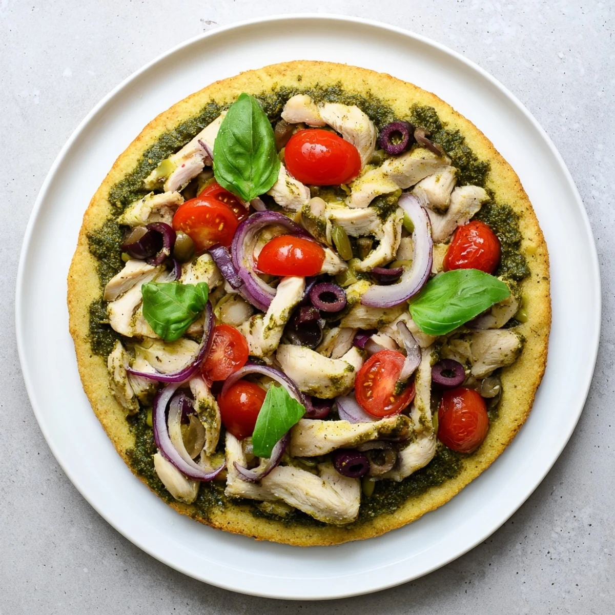 Golden chicken pesto paleo pizza with red onions, tomatoes, and fresh basil garnish
