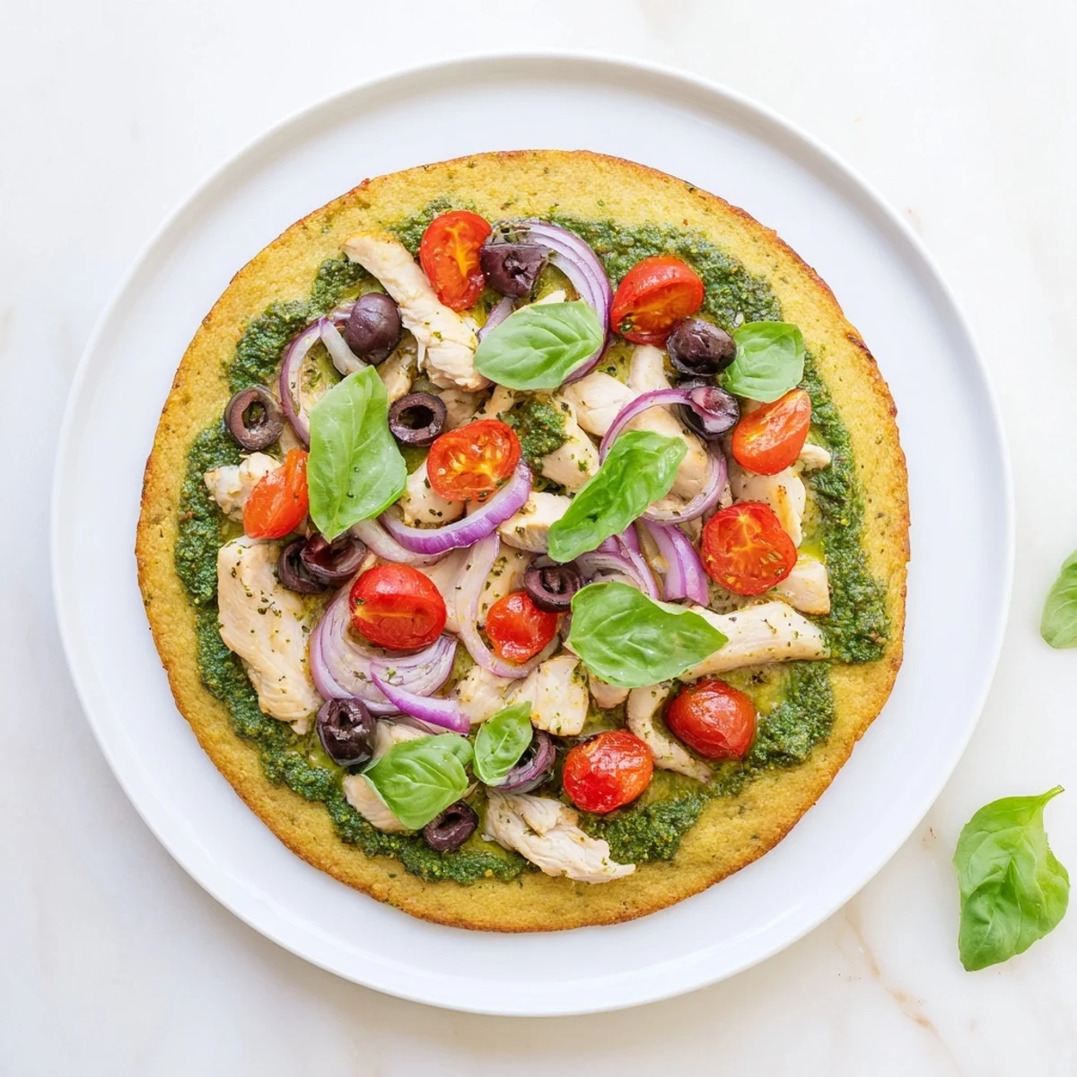 Sliced chicken breast atop crispy grain-free pizza with colorful cherry tomatoes and olives