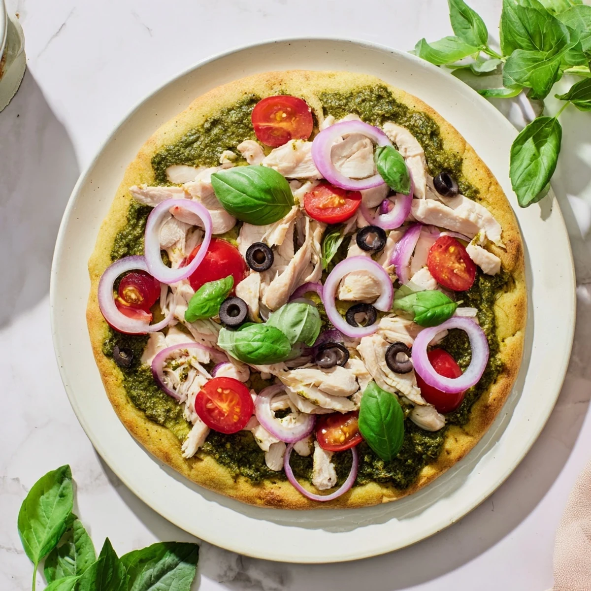 Gluten-free pizza crust topped with juicy sliced chicken and vibrant green pesto sauce