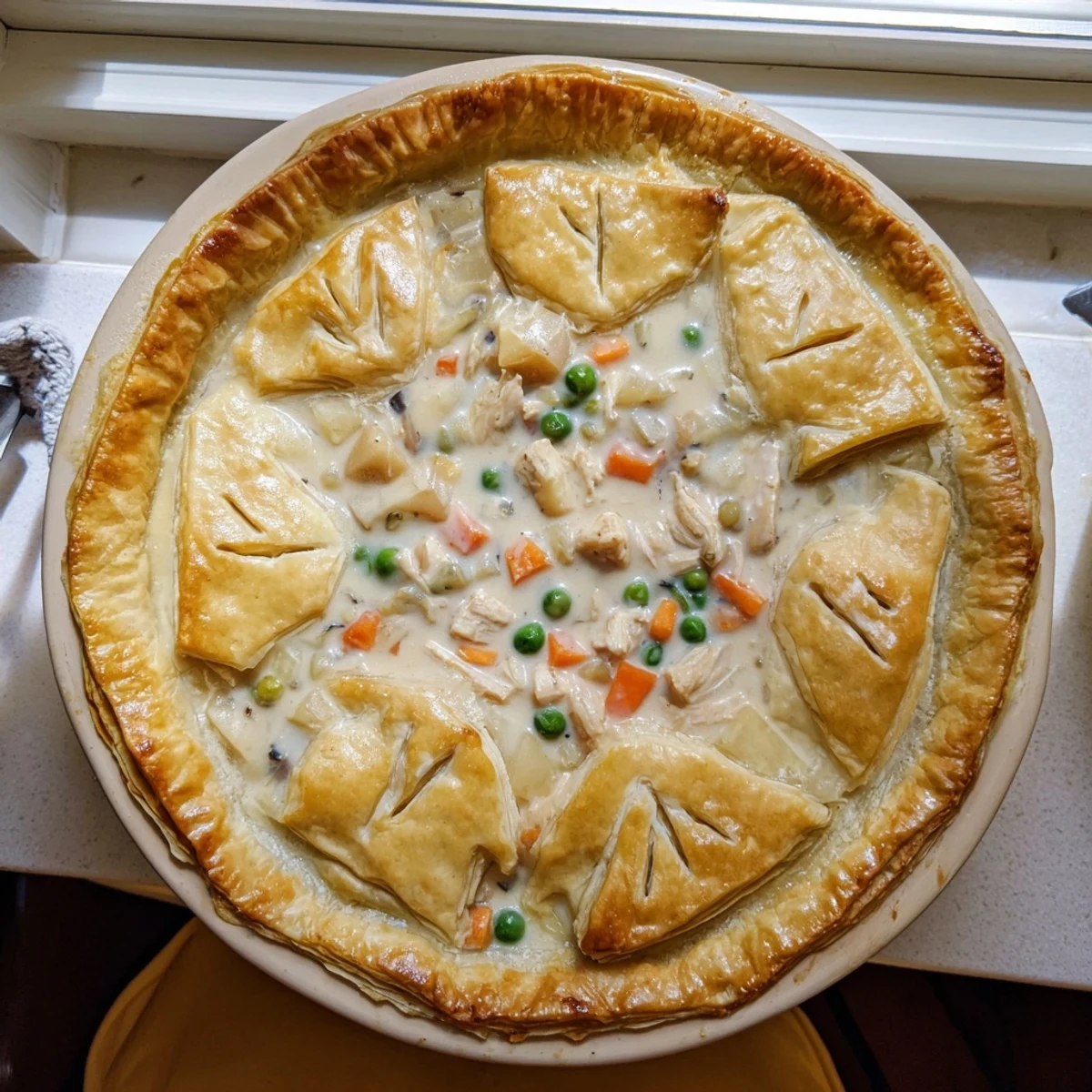 Golden chicken pot pie with flaky puff pastry crust bubbling on a white ceramic baking dish