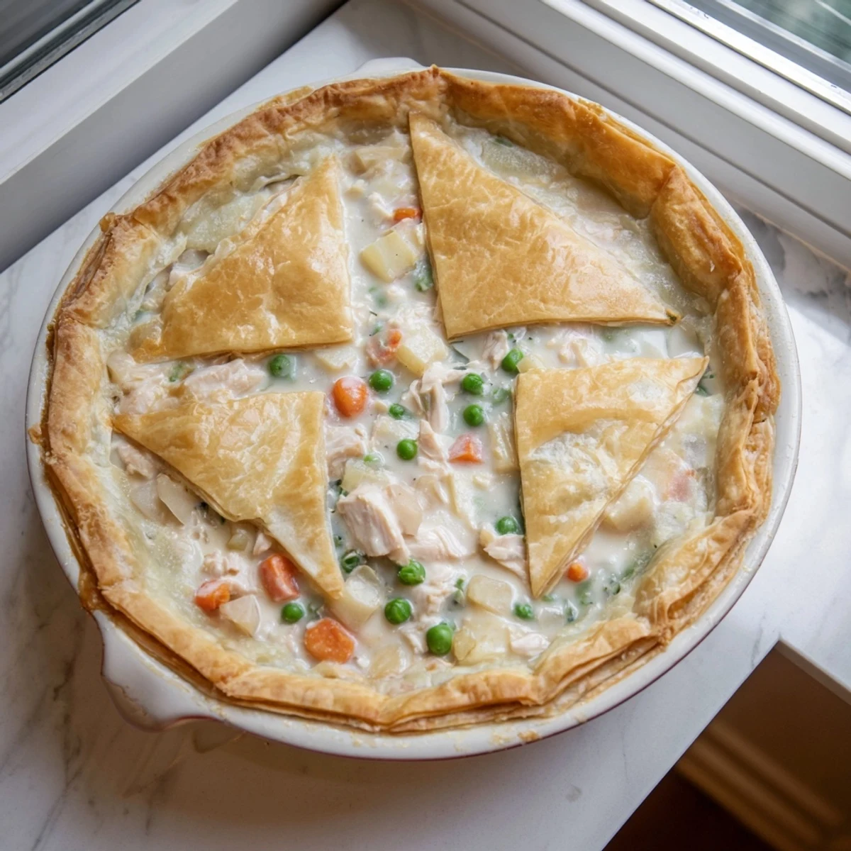 Comforting chicken pot pie featuring tender chunks of chicken and vegetables in creamy sauce under golden crust