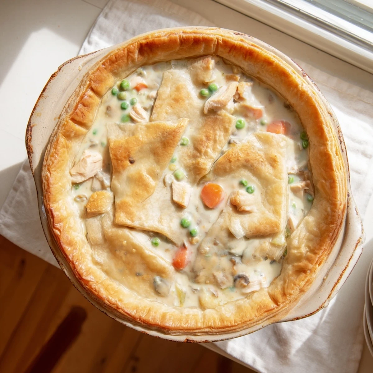 Freshly baked chicken pot pie with steam rising through browned pastry crust on rustic wooden table