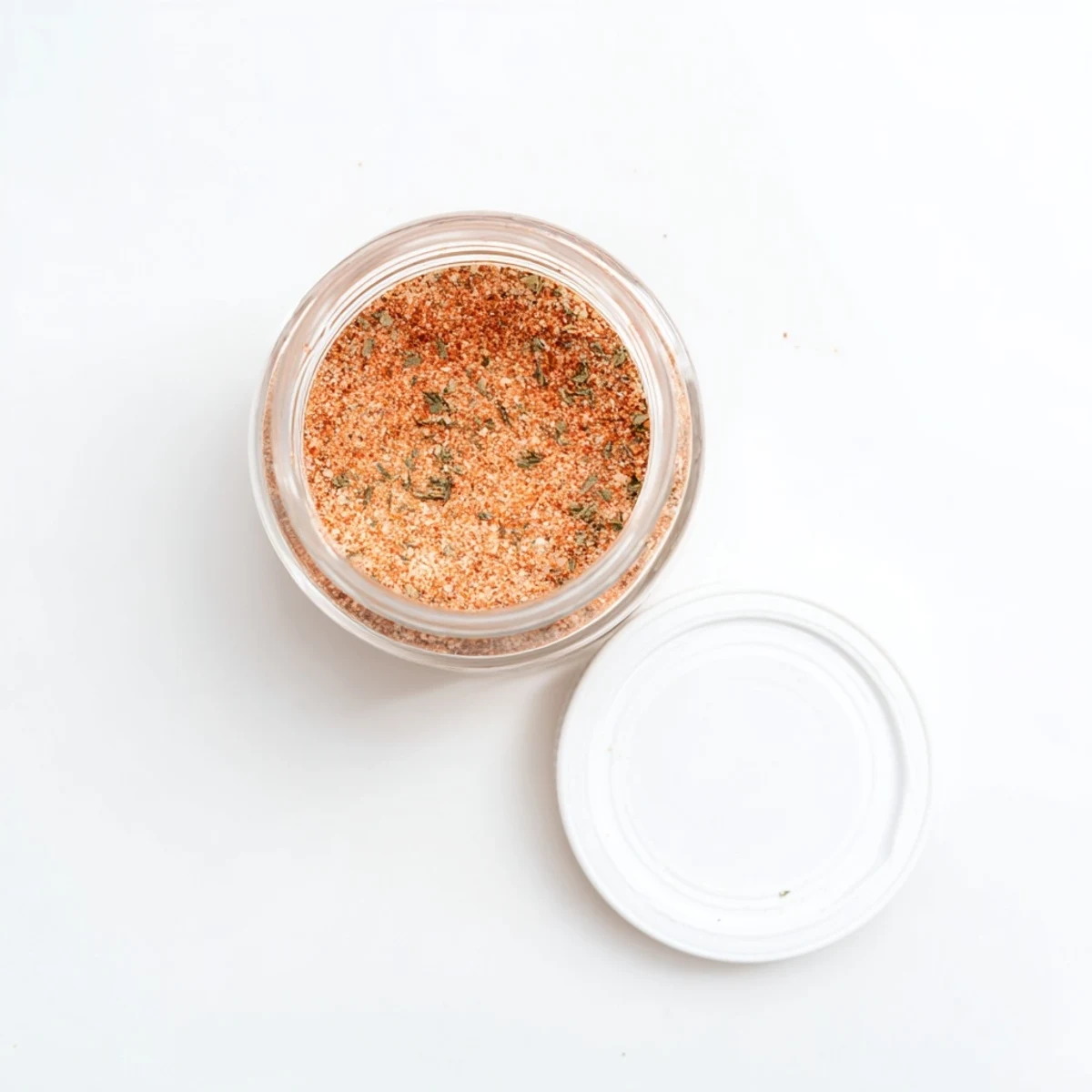 Glass spice jar showcasing French fry seasoning blend with a spoonful of the golden-orange mixture ready for sprinkling