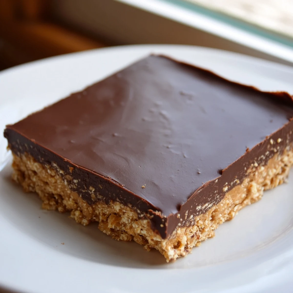 Golden peanut butter bars layered with glossy chocolate topping on a white serving plate