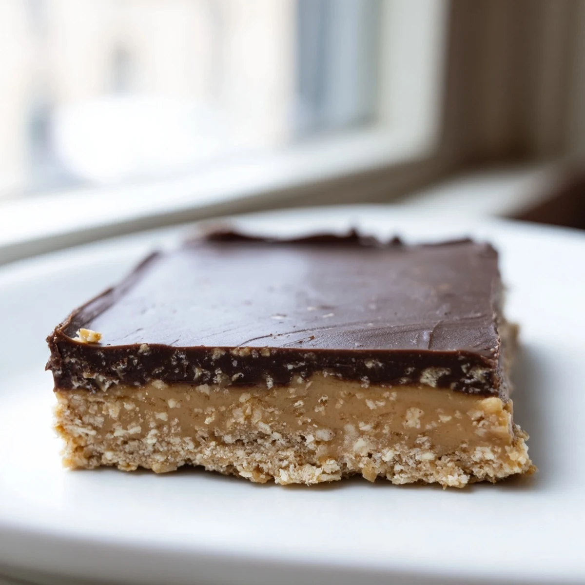 Creamy no-bake peanut butter bars topped with melted chocolate chips cut into neat squares
