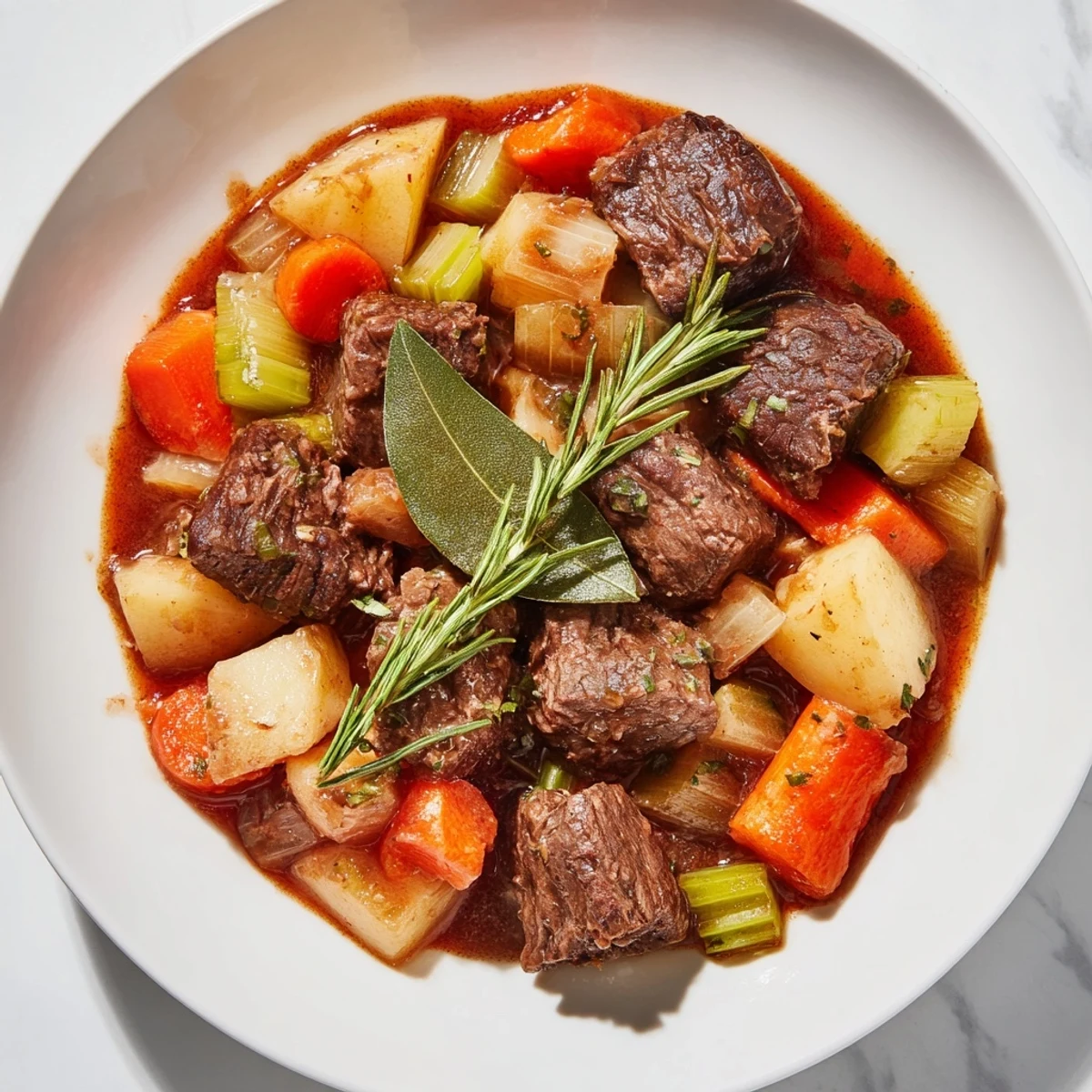 Hearty spezzatino di manzo beef stew slowly braised with vegetables and aromatic herbs in deep brown gravy