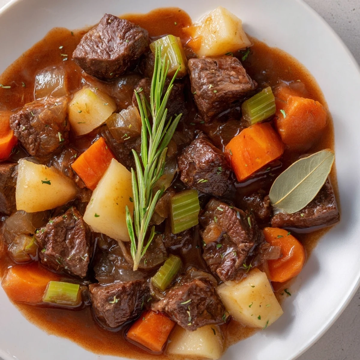 Savory Italian beef stew spezzatino with tender chunks, potatoes, and carrots in rich red wine sauce