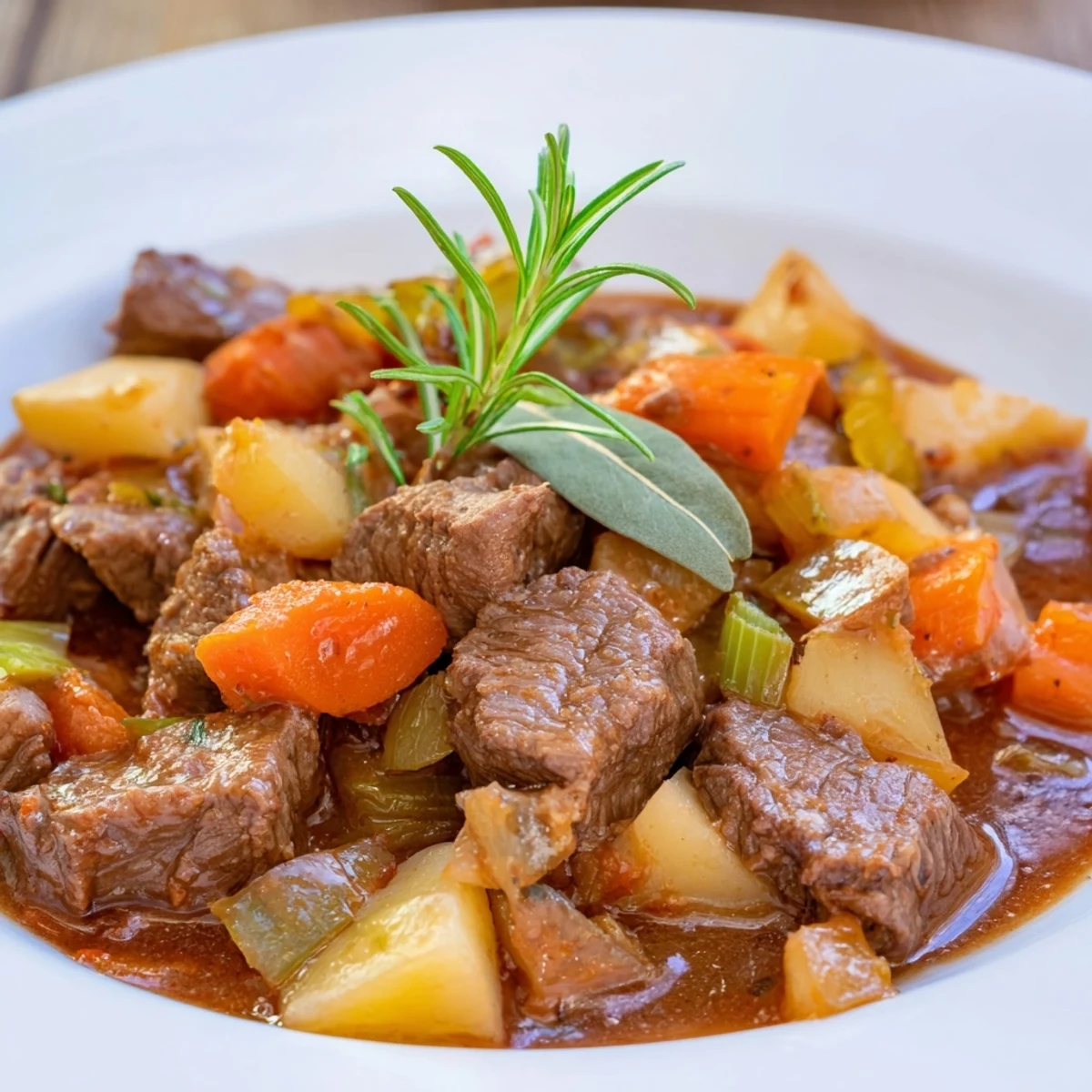 Homemade Italian beef stew spezzatino served steaming hot with rustic bread, featuring fork-tender beef and vegetables