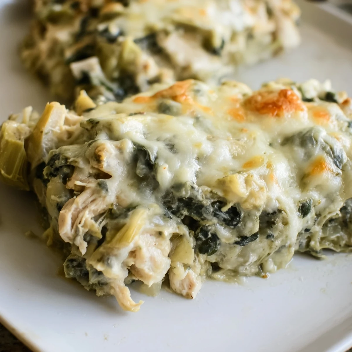 Golden bubbly spinach artichoke chicken casserole fresh from the oven with melted cheese topping