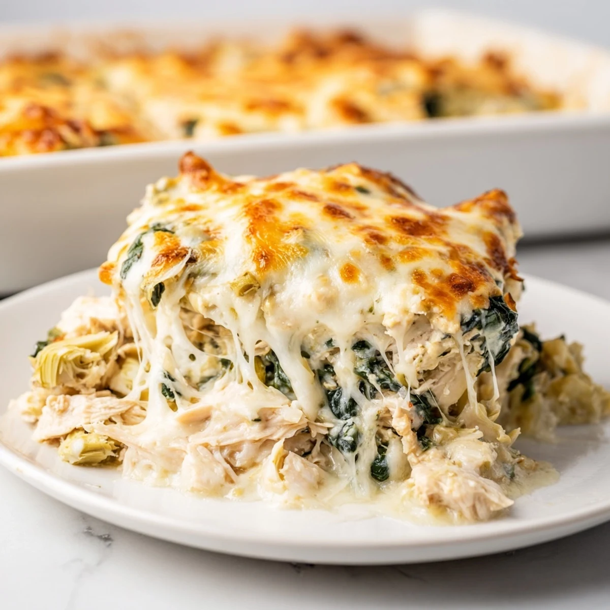 Creamy spinach artichoke chicken casserole served in a white baking dish with steam rising