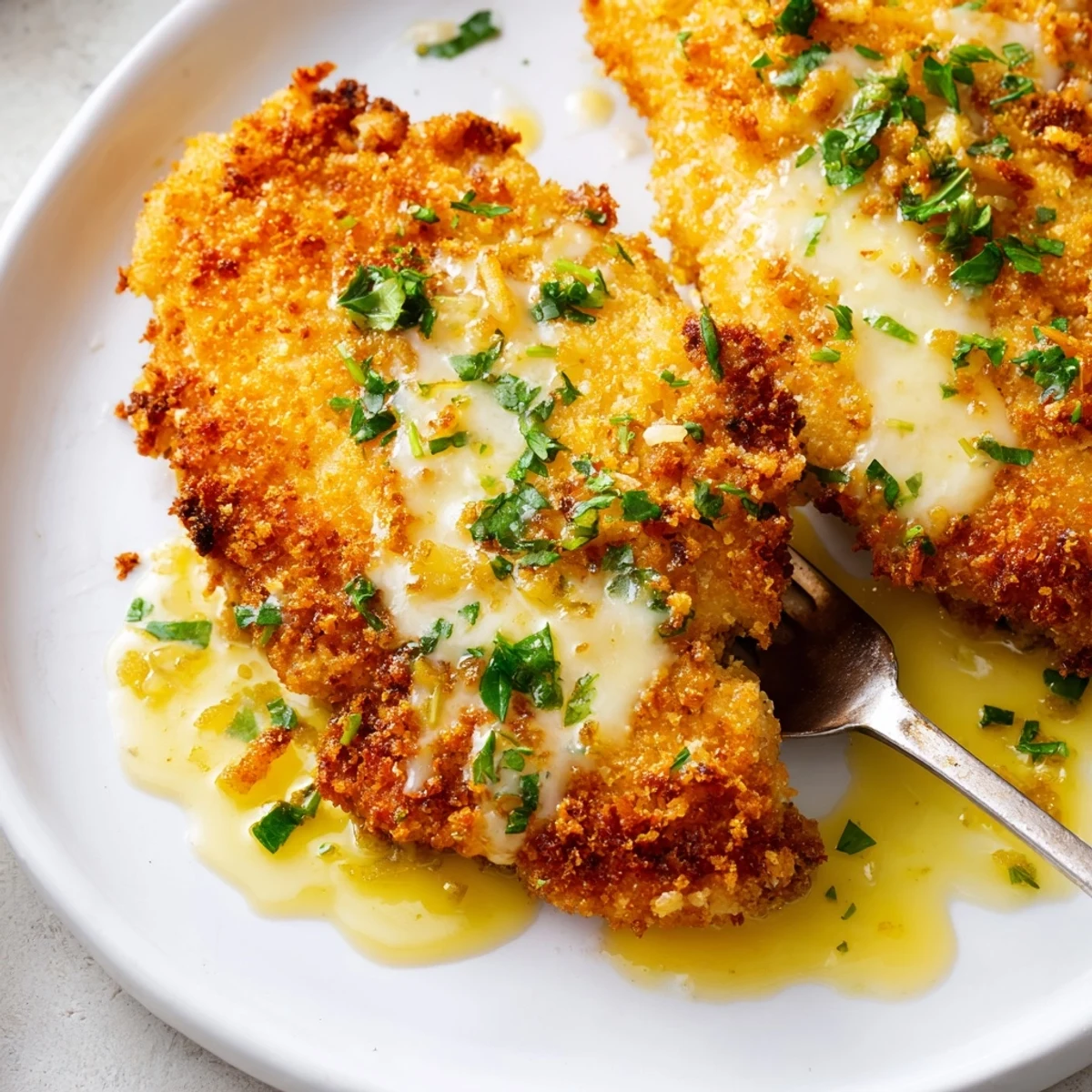 Golden crispy Lemon Chicken Romano drizzled with tangy lemon garlic sauce on a white plate
