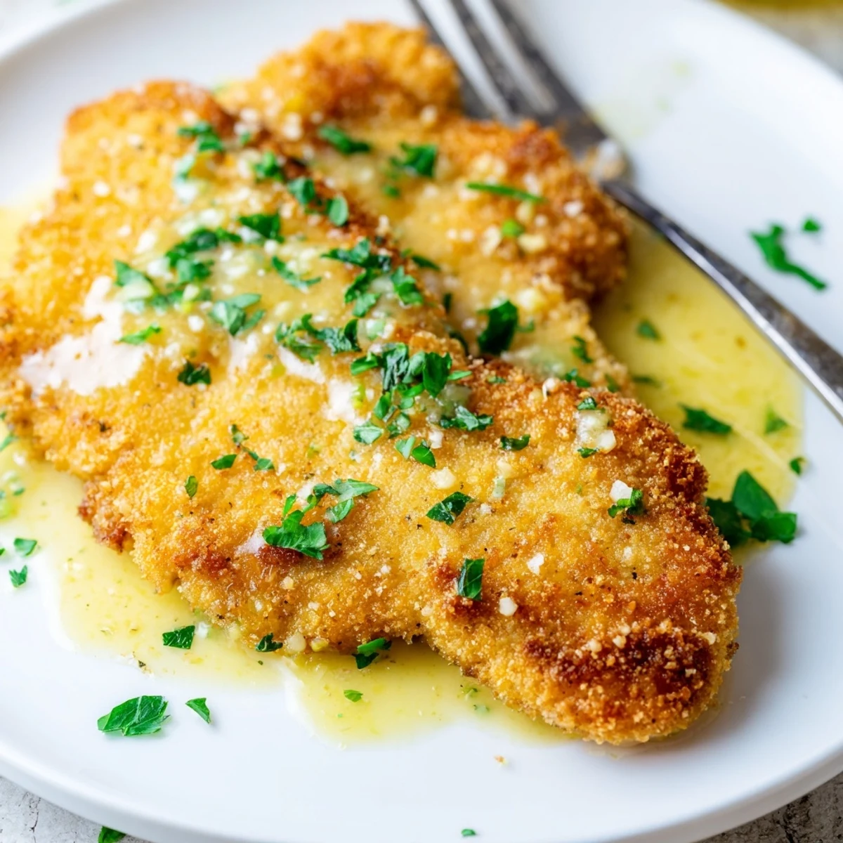 Savory Lemon Chicken Romano cutlets topped with fresh parsley and served with pasta on the side