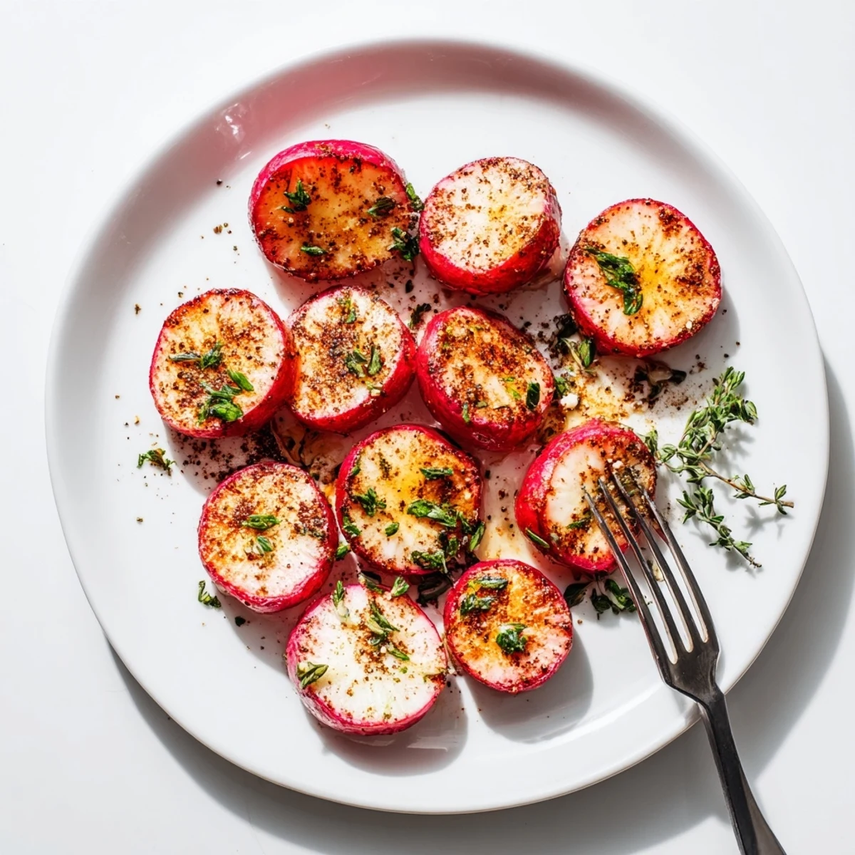 Golden brown garlic roasted radishes arranged on a white serving plate with fresh parsley garnish
