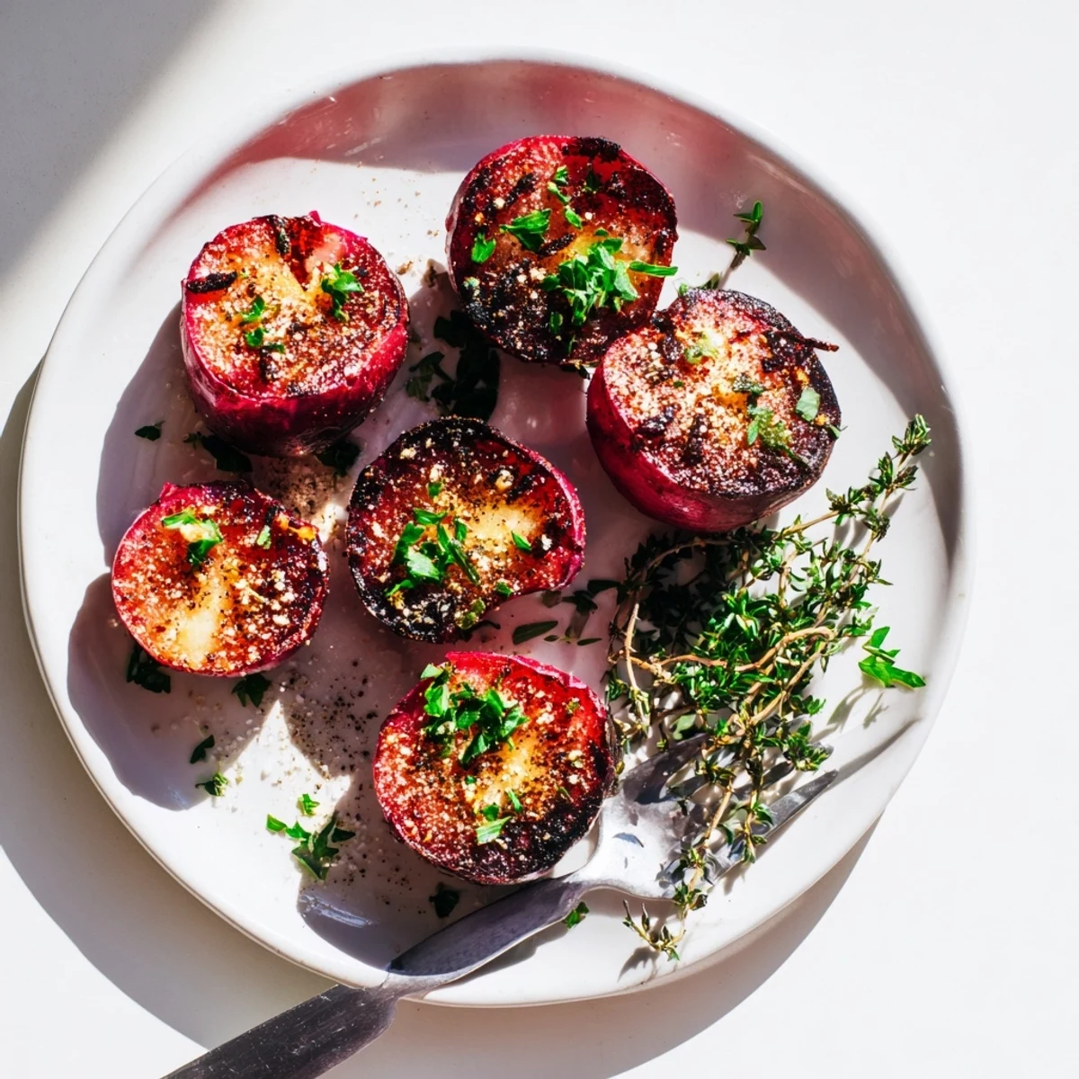 Savory side dish of buttery garlic roasted radishes sprinkled with fresh green parsley and thyme