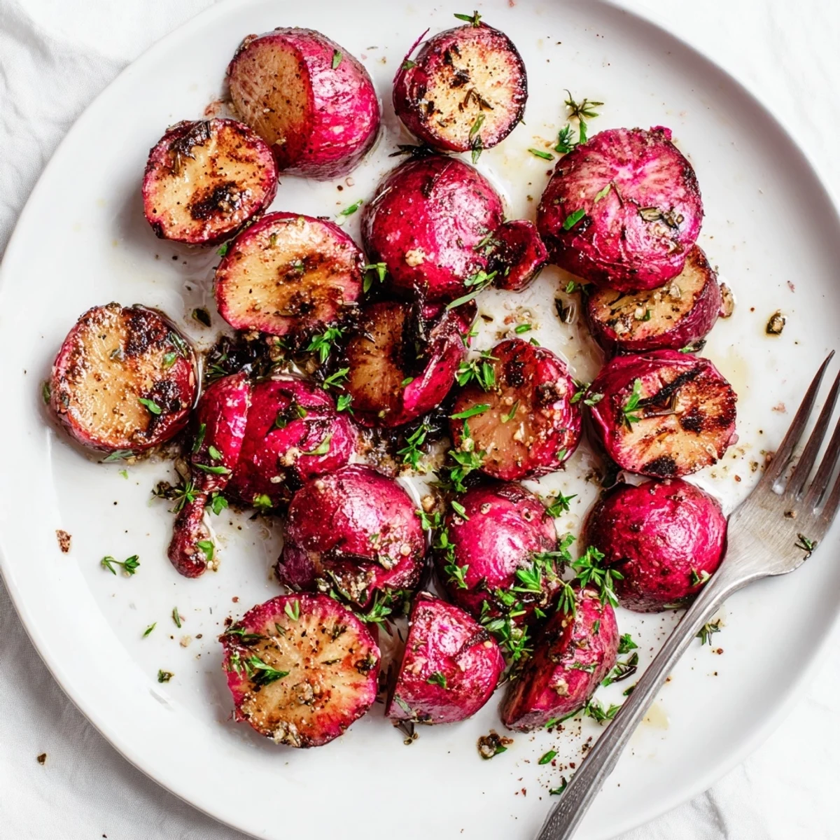 Tender halved radishes caramelized and roasted with garlic herbs on a parchment lined baking sheet