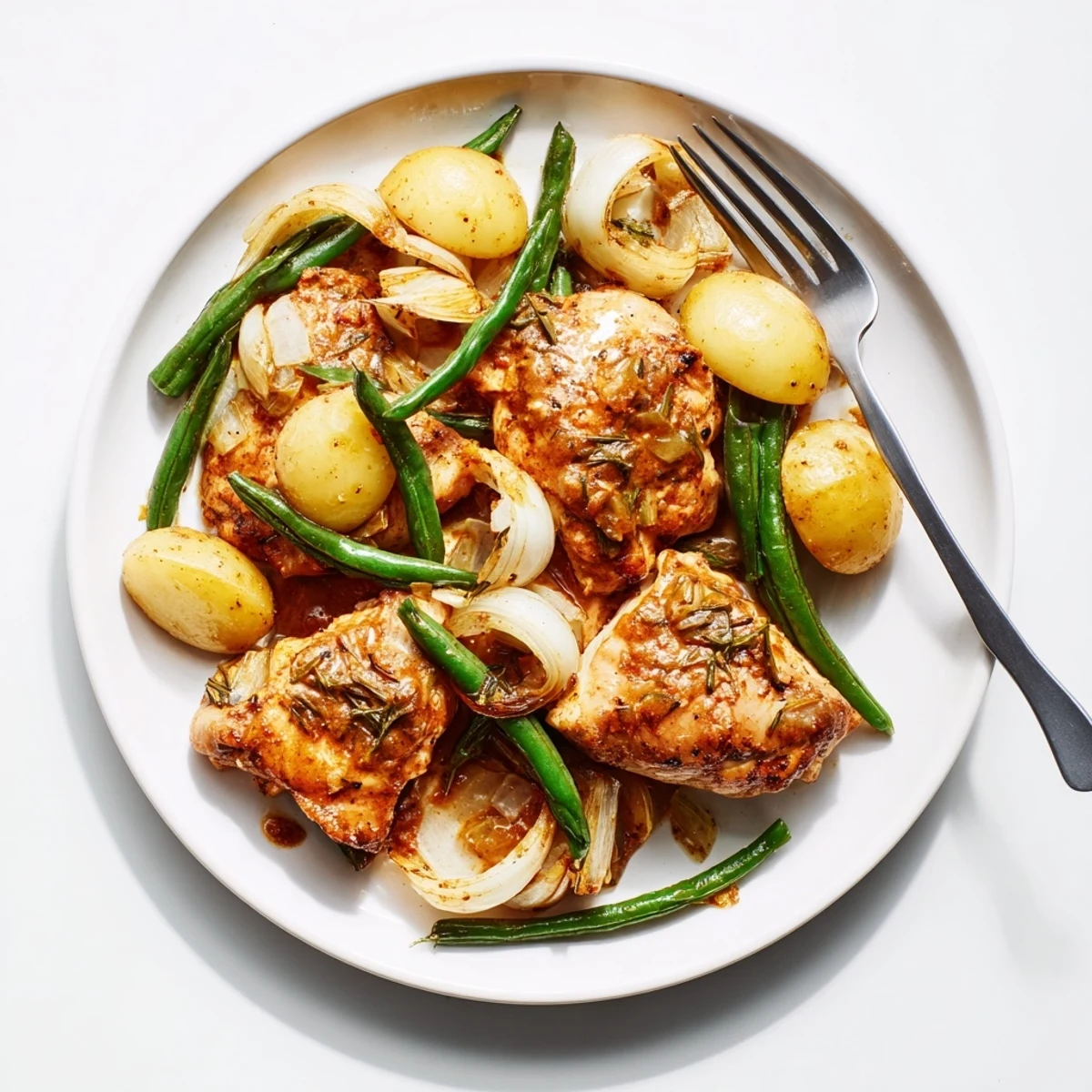 Slow cooker chicken and potatoes with green beans served in a white bowl