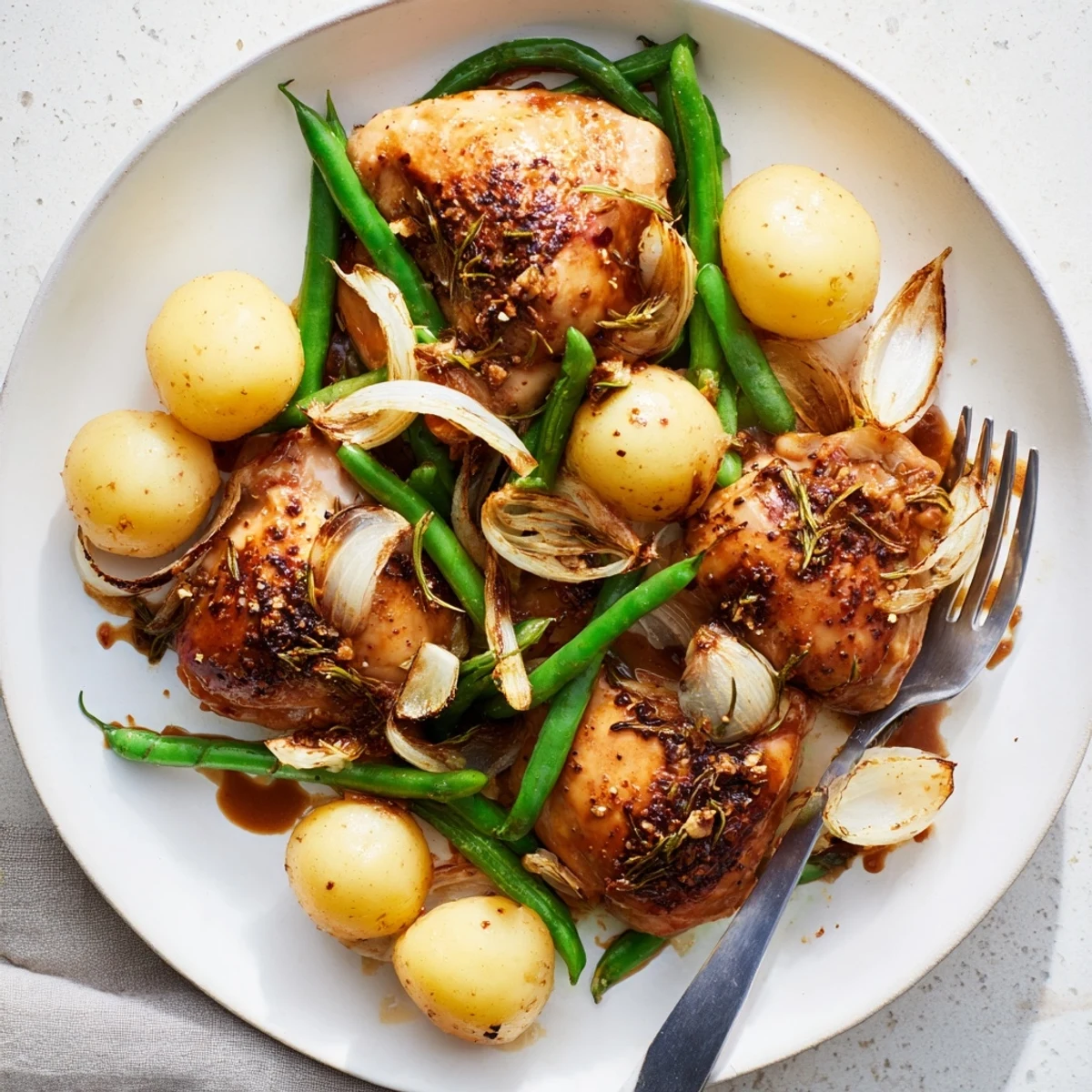 Tender slow cooker chicken thighs nestled between creamy potatoes and crisp green beans