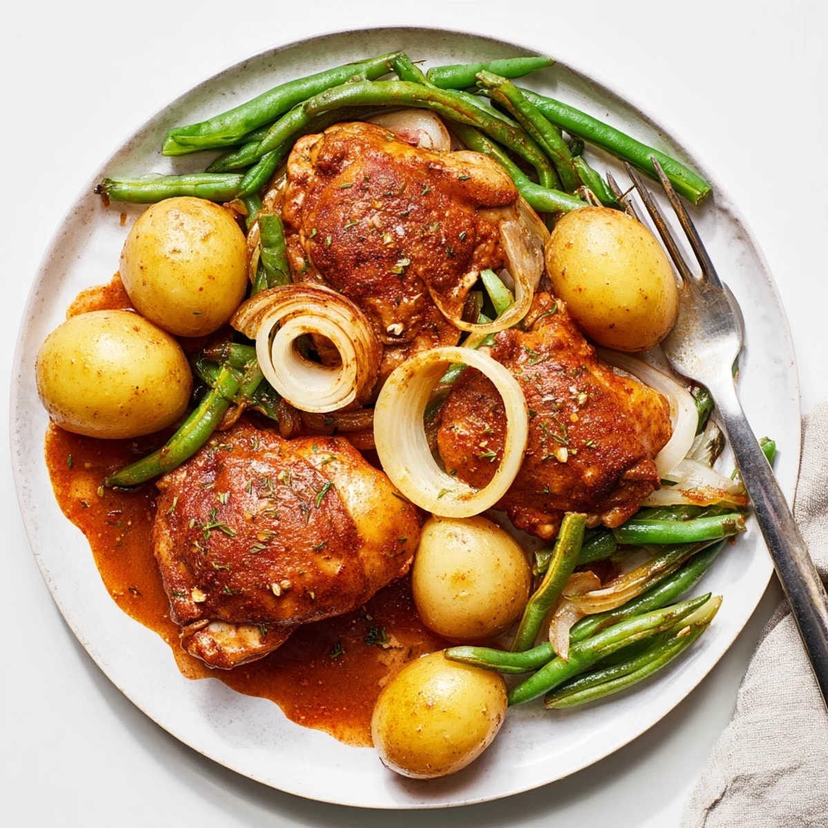 One-pot slow cooker chicken and potatoes with green beans garnished with fresh herbs