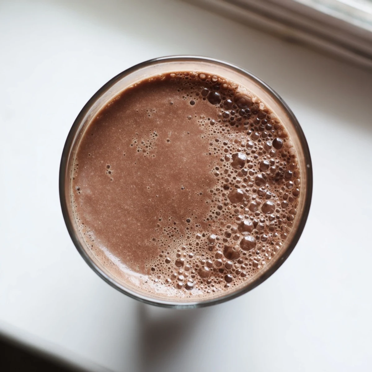 Thick creamy raw chocolate banana shake topped with cacao nibs in a clear glass